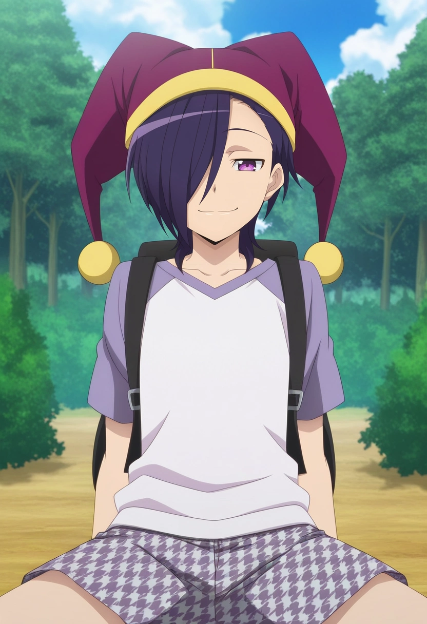 masterpiece, best quality, intricate details, anime screencap, anime coloring, official style, looking at viewer, 1boy, solo, male focus, <lora:hanzou_urushihara_ilxl:0.92>, hanzou_urushihara, purple hair, purple eyes, hair over one eye, short hair, , white shirt, raglan sleeves, cowboy shot, forest, day, clouds, sitting, naughty smile, Terracotta Velvet Houndstooth Utility shorts, Sweatshirt, , Jester hat, andLaptop Backpack