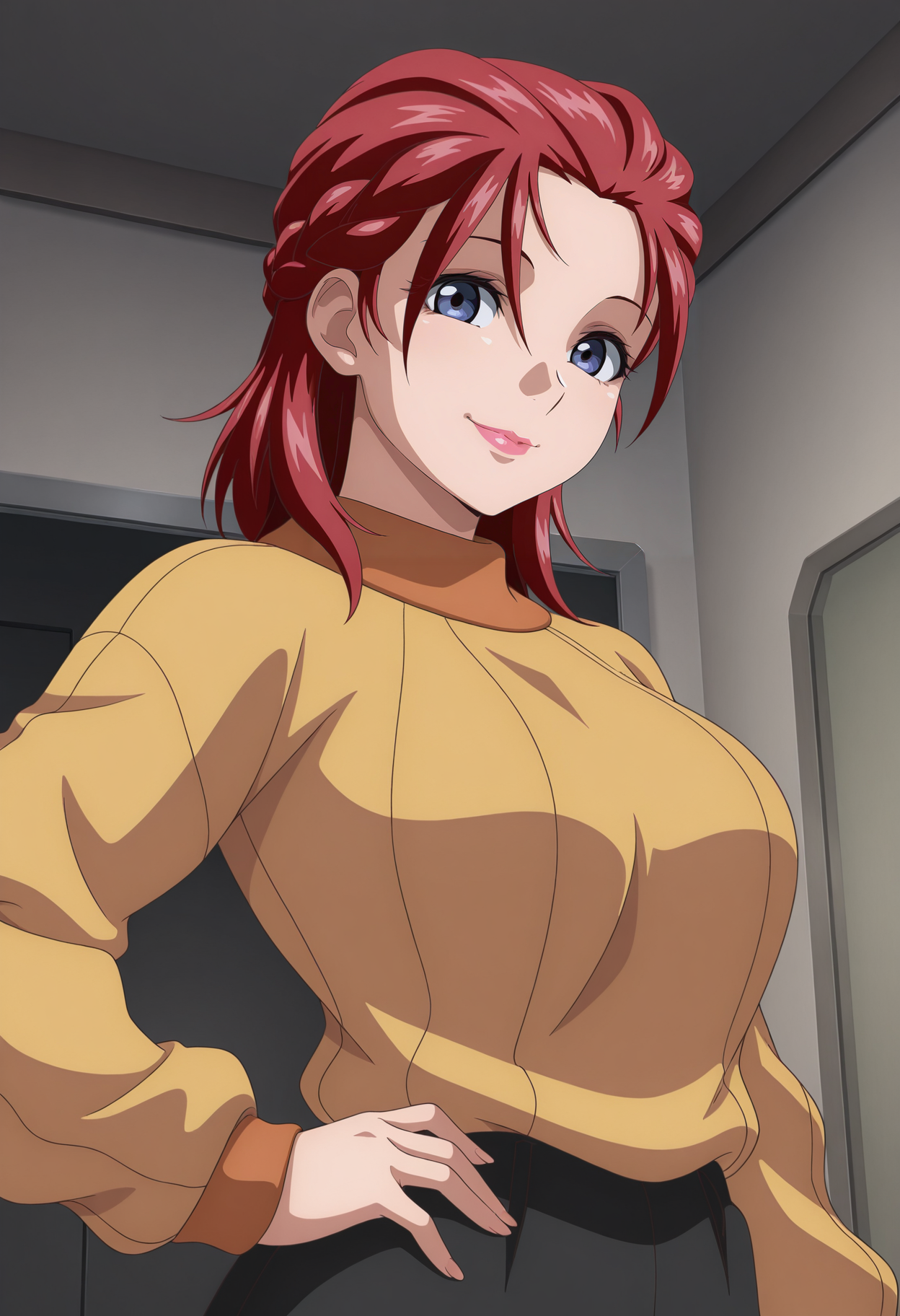 1girl,solo,mm,mature female,medium hair,red hair,blue eyes,braid,lipstick,anime coloring,
sweater,upper body,looking at viewer, smile,indoors,hand on own hip, 
,masterpiece,best quality,amazing quality,<lora:Meyrin_Hawke-Gundam_SEED_Freedom:0.8>