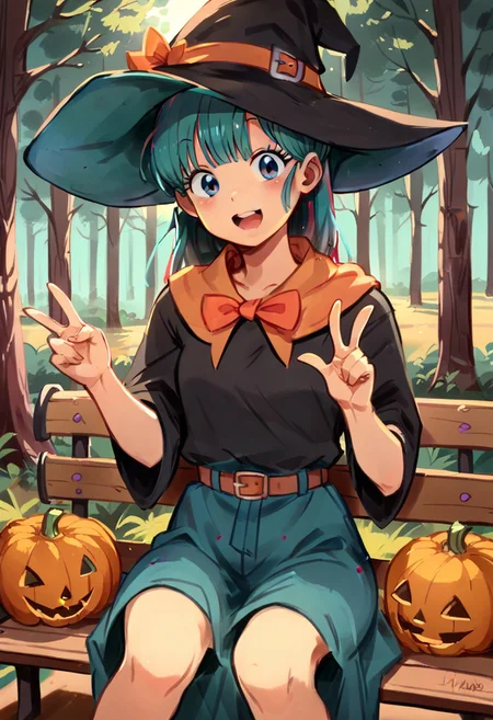 score_9, score_8_up, score_7_up, solo,1girl, ultra detailed, bulma, young, petite, sitting, bench, witch hat, witch clothes, v hand, cowboy shot, pose, pumpkins, dark forest,