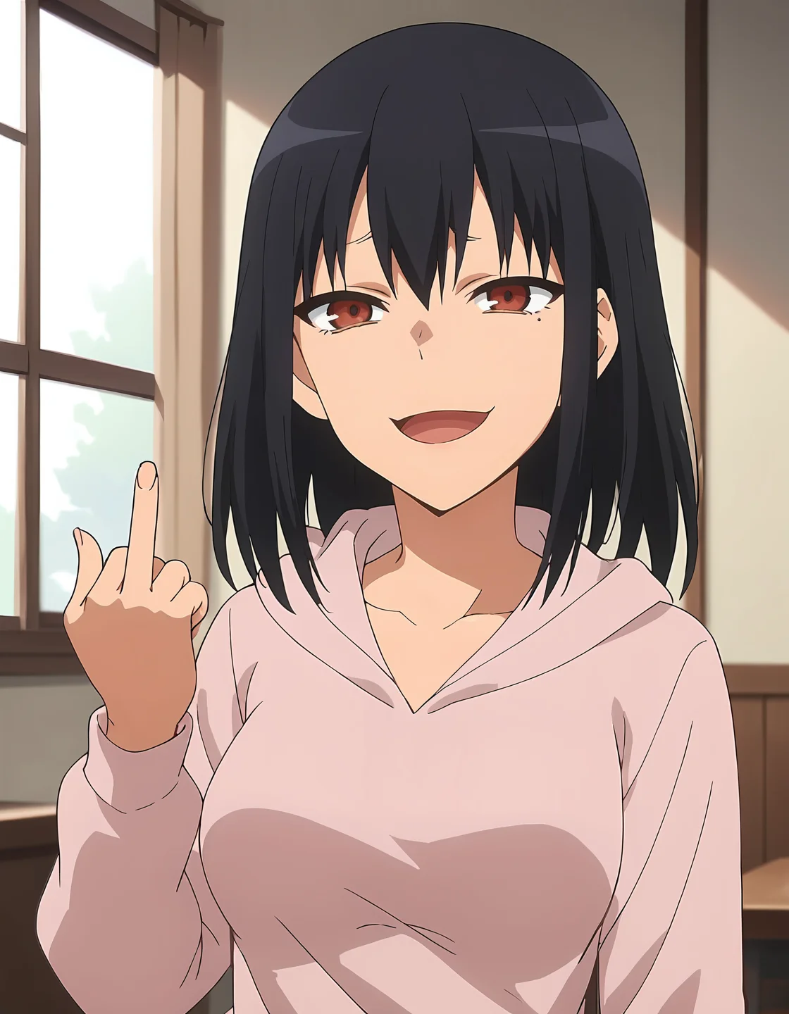 score_9, score_8_up, score_7_up, score_6_up, score_5_up, score_4_up, source_anime, <lora:anetoro_T1V1:0.85>,
1girl, solo,  anime screencap,
anetoro_T1V1, black hair, medium hair, hair between eyes, sidelocks, brown eyes, red eyes, medium breasts, 
pink hoodie, hood down, long sleeves, collarbone, 
hand up, middle finger, 
looking at viewer, smug, open mouth, 
indoors, upper body,