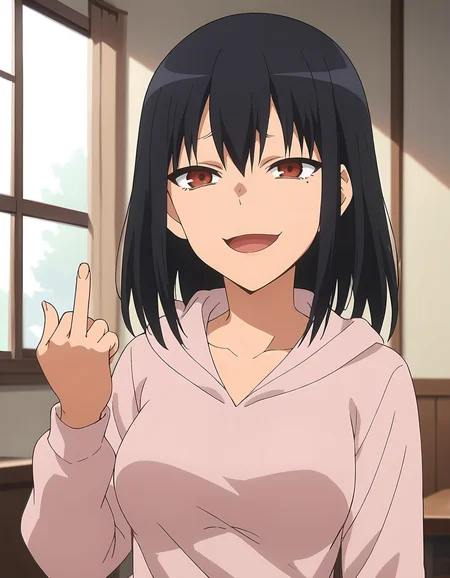 score_9, score_8_up, score_7_up, score_6_up, score_5_up, score_4_up, source_anime, <lora:anetoro_T1V1:0.85>,
1girl, solo,  anime screencap,
anetoro_T1V1, black hair, medium hair, hair between eyes, sidelocks, brown eyes, red eyes, medium breasts, 
pink hoodie, hood down, long sleeves, collarbone, 
hand up, middle finger, 
looking at viewer, smug, open mouth, 
indoors, upper body,