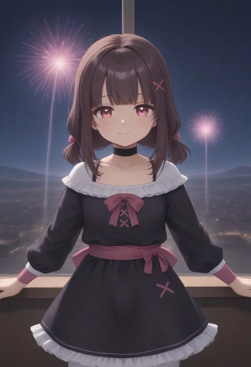 1girl, solo, solo focus, highres, absurdres, Shondo2ndA, petite, bangs, pink eyes, brown hair, hair bow, sidelocks, low twintails, x hair ornament, medium hair, frilled dress, choker, black dress, waist bow, pink bow, single wrist cuff, arm ribbon, long sleeves, collarbone,, white pantyhose,
looking at viewer, closed mouth, smug, head tilt, from behind, looking back, aerial fireworks,
cityscape, neon lights, window, dark, night, night sky, light particles, backlighting,