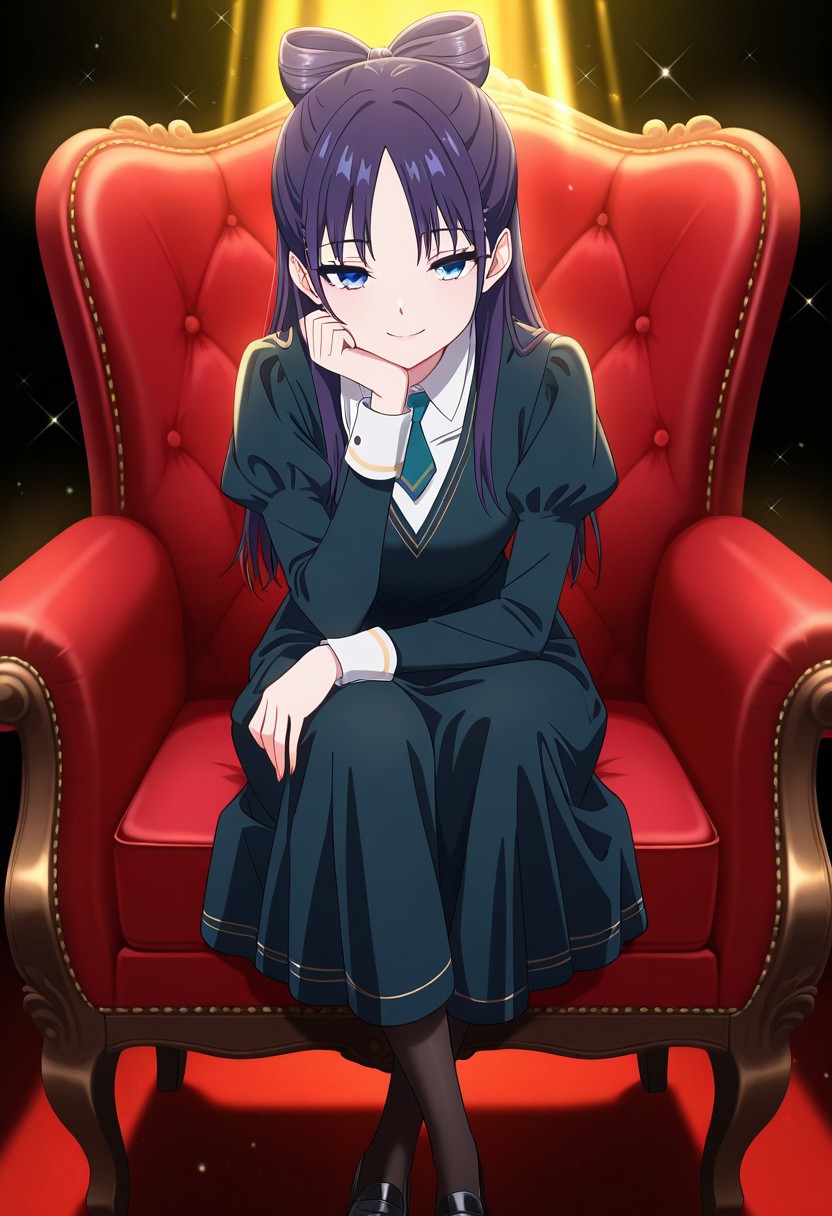 straight-on, (absurdres, best quality, masterpiece:1.4), amazing quality, highres, newest, detailed, detailed body, detailed face, source anime, anime coloring, beautiful, dark background, petite, on fancy red chair, sitting, yellow light ray, cross legs, hand to own chin, downturned eyes, looking ahead,  sparkles,
BREAK
WWNemu, 1girl, solo,  smile, NemuAniHu, dark purple hair, bow-shaped hair, parted bangs, half updo, blue eyes, v-neck dress, white inner collared shirt, Short necktie, juliet sleeves, long skirt, black pantyhose, black shoes, hand on armrest,