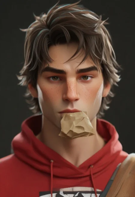 unmasked casual, bag, paper bag, hood, bandages on arms, backpack, red hoodie, hood down, barefoot, denim, blue jeans, multicolor hair, spider-man
Dark hair
Torso upper body
Brown eyes
Fully clothed
Brown brows
Tan skin dark skin
Short hair
Long face
Strong jaw and chin
Far eye
Baggy clothes
Broad shoulders
Fit body