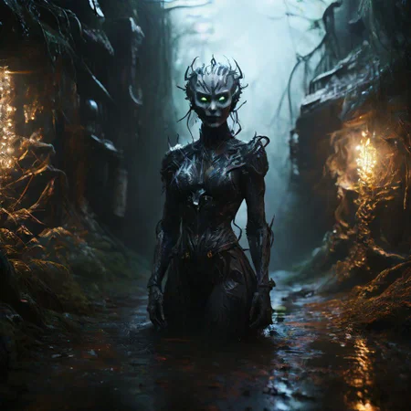 creepy Cyberpunk artwork inspired by Jack Skellington from The Nightmare Before Christmas, set in a futuristic fashion cyberpunk universe. Sexy, Emphasize her seductive allure, beautiful face, perfect eyes, perfect nose shape, perfect lips, perfect hands, vibrant green foliage, neon-lit cityscape, and intricate cybernetic enhancements. Capture the essence of danger and allure in this cyberpunk masterpiece., cyberpunk style