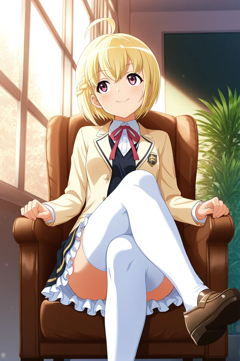 masterpiece, best quality, amazing quality,
<lora:Otori_IL:1> michiru, 1girl, solo, blonde hair, thighhighs, school uniform, skirt, sitting, ahoge, window, crossed legs, white thighhighs, short hair, indoors, braid, shoes, smile, frilled skirt, frills, plant, loafers, neck ribbon, ribbon, long sleeves, jacket, chair