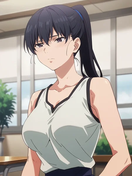 score_9, score_8_up, score_7_up, source_anime,masterpiece,best quality,highres,absurdres,official art,official style,source_anime,anime screencap,anime coloring,megami magazine,anime,animated,
<lora:toudou:1> toudou, black hair, blue eyes, ponytail,large breasts,tanktop