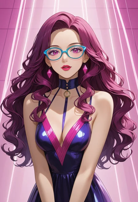 Black and magenta color scheme, erotic, 1girl made of neon filaments, marionette , flowing dress made of tiny neon glass filaments,, glasses, long flowing hair made of neon filaments, tempting the viewer, erotic, hanging from neon filaments strings