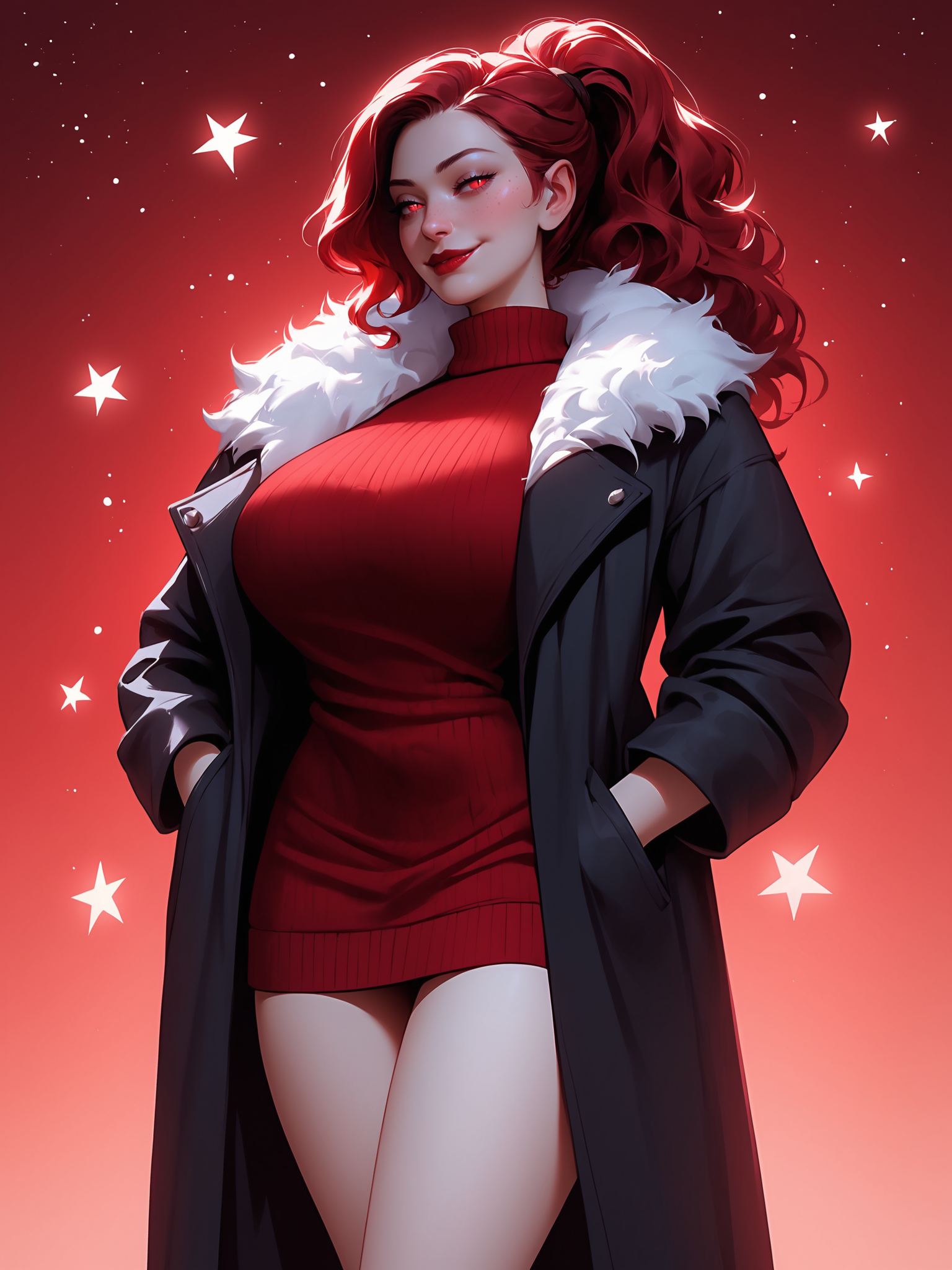 score_9, score_8_up, score_7_up, score_6_up, score_5_up, score_4_up,
BREAK
1girl, red hair, wavy hair, ponytail, long ponytail, red eyes, red lips, half-closed eyes, slit pupils, seductive smile, looking away, adult, mature,
BREAK
solo, standing, tall, broad shoulders, huge breasts, (red sweater dress:1.1), bare legs, cotton sweater, black coat, long coat, fur trim, hands in pockets,
BREAK
red background, galaxy background, starry sky, starry background, nijijourney, realistic, <lora:Lunas-NijiJourney-SDXL-B2:1>
