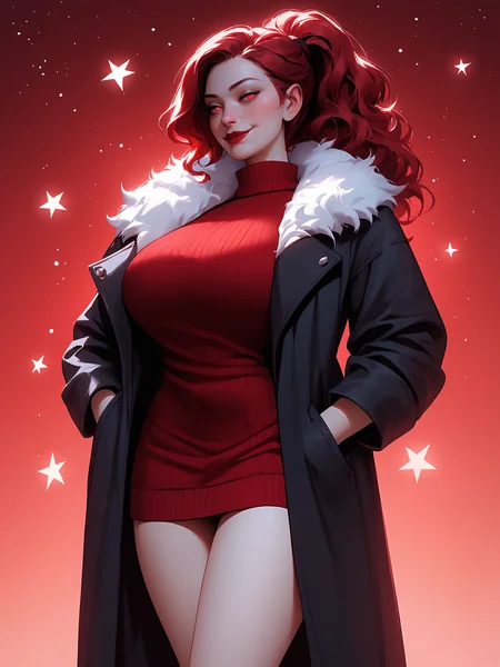 score_9, score_8_up, score_7_up, score_6_up, score_5_up, score_4_up,
BREAK
1girl, red hair, wavy hair, ponytail, long ponytail, red eyes, red lips, half-closed eyes, slit pupils, seductive smile, looking away, adult, mature,
BREAK
solo, standing, tall, broad shoulders, huge breasts, (red sweater dress:1.1), bare legs, cotton sweater, black coat, long coat, fur trim, hands in pockets,
BREAK
red background, galaxy background, starry sky, starry background, nijijourney, realistic, <lora:Lunas-NijiJourney-SDXL-B2:1>