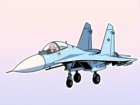 <lora:Su-27_Illustrious:1.1>,su-27 fighter jet, chibi style, cute rounded proportions, pastel colors, thick white outline, thumbs‑up gesture, simple gradient background, die‑cut sticker design, playful mood, masterpiece, best quality, amazing quality