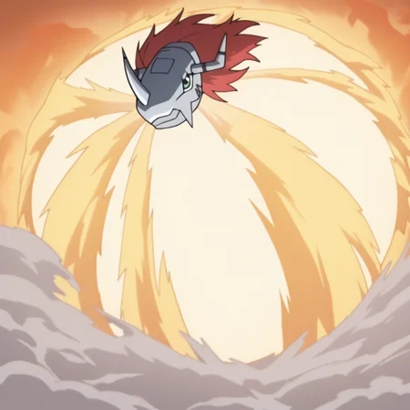choukyuuhaoudeiedan, spinning, solo, w4rgr3ym0n, digimon (creature), head only, red hair, green eyes, orange smoke, dust, outdoors, fire background, anime_screencap, source_anime, masterpiece, best quality, ultra-detailed, absurdres, newest
