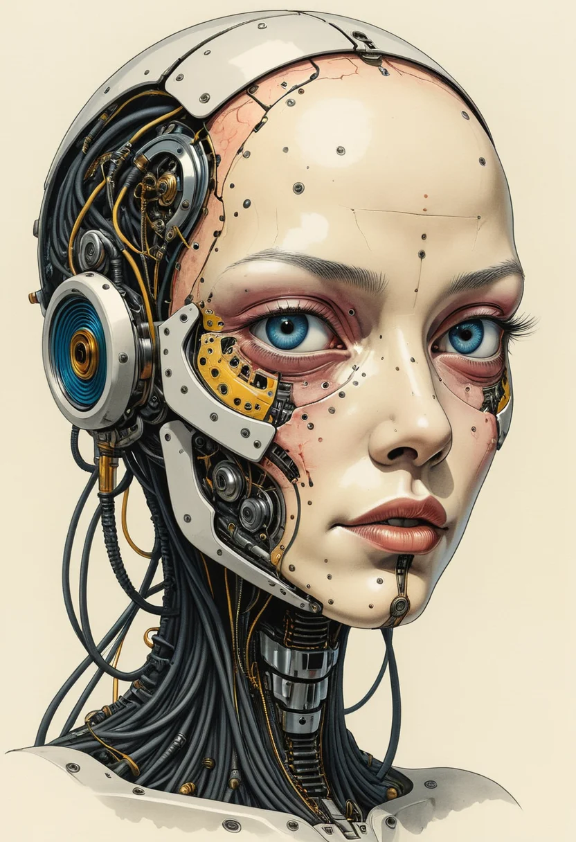 A humanoid face with one side peeled to reveal cybernetic implants, eyelid speculum, and carbon wires embedded in flesh, ink-and-color illustration, mobe-cybideen,