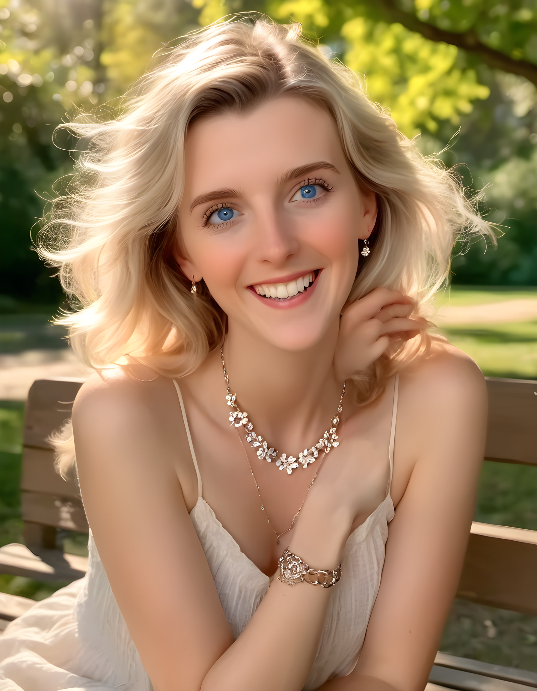 In a brightly-lit, sunlit park, AmeliaGabs, a radiant woman with captivating blue eyes and a charming smile revealing her pearly white teeth, sits alone on a weathered wooden bench. She is captured in a close-up portrait shot, gazing directly at the viewer, her delicate hands cradling an intricate necklace that sparkles under the sunlight, creating a mesmerizing display of dazzling jewels against her graceful skin. The background reveals lush green foliage and vibrant flowers in full bloom, adding to the serene and enchanting atmosphere of the scene.