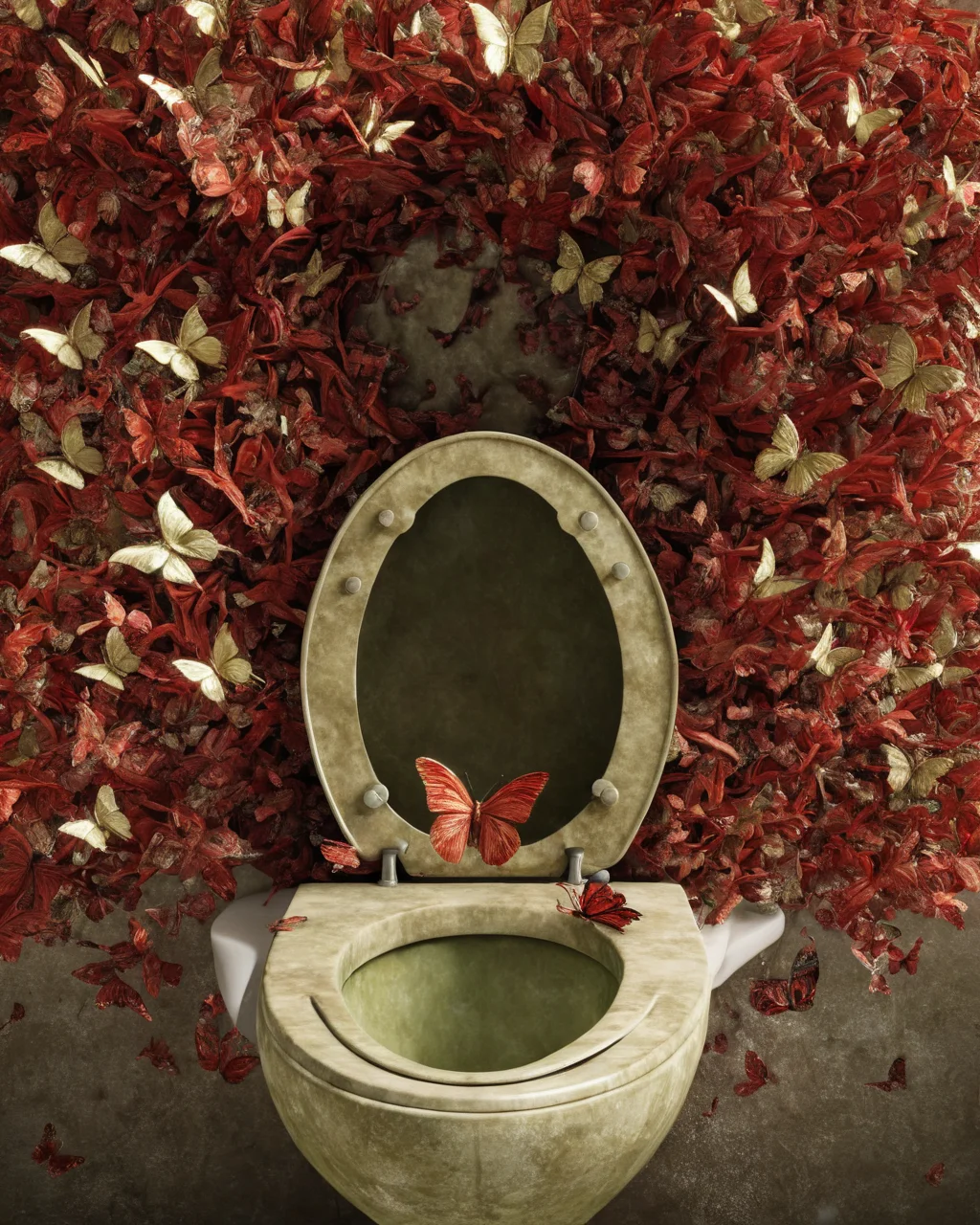 scarltrotxl,toilet,epic,cinematic,masterpiece ,128k uhd, <lora:scarltrotxl-step00000400:1>,blossoming,butterflies