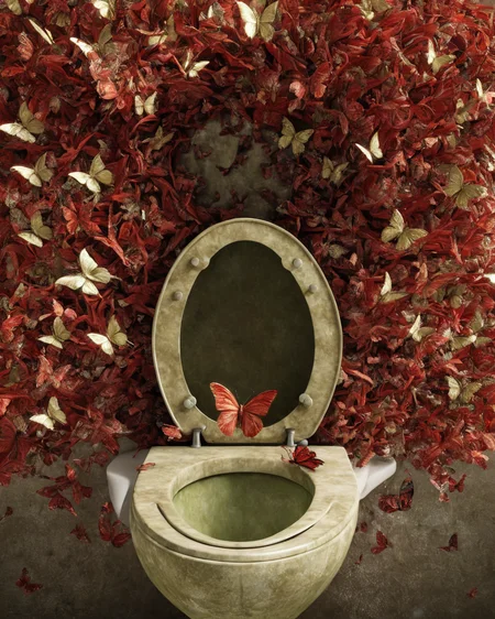 scarltrotxl,toilet,epic,cinematic,masterpiece ,128k uhd, <lora:scarltrotxl-step00000400:1>,blossoming,butterflies