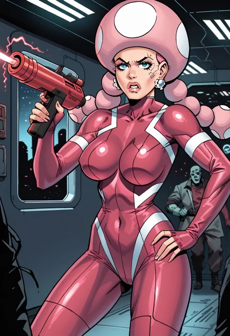 score_9, score_8_up, score_7_up, score_6_up, 1girl, human girl,25 years old, bodysuit, pink and red bodysuit, spacecraft interior, 2d, cyberpunk, knva, large breasts,
t_toadette, mushroom head, pink hair, pink hair with white spots, twintails,holding,laser gun,holding laser gun,
BREAK angry,attacked by a zombie,fighting zombie,action