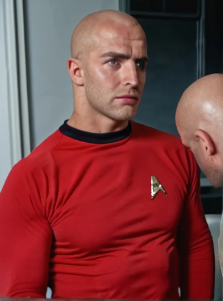 1boy, 20 year old male, Handsome, masculine, blonde, star trek, red shirt, muscle, tall, tight shirt, wide pectorals, big shoulders, wide shoulders, muscular neck, German, bald,
stunf, star trek uniform,