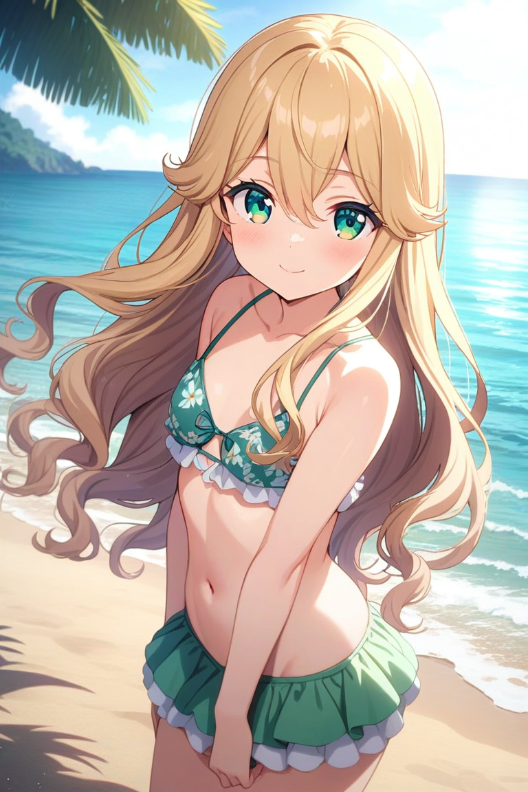 (masterpiece, best quality), highly detailed background, perfect lighting, best quality, (anime coloring:1.2), yumesakiharuko, 1girl, solo, looking at viewer, smile, closed mouth, blonde hair, hair between eyes, wavy hair, very long hair, green eyes, small breasts, green bikini, frilled bikini, floral bikini, outdoors, standing, sand, sea, beach, light rays