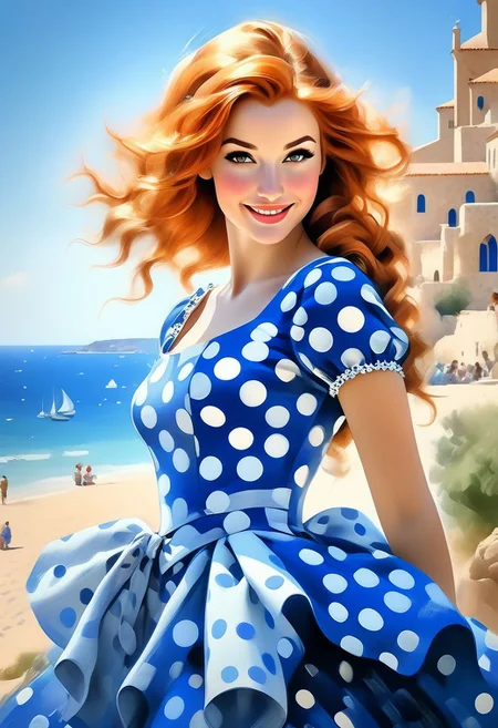 Beautiful young woman in a blue and white polka dot dress with a bodice, ginger hair, ultra hd, realistic, bright colors, highly detailed UHD drawing made with pen and ink, perfect composition, beautiful, detailed, intricate, insanely detailed octane rendering, fashionable on artstation, 8k art photography, photorealistic concept art. soft natural, voluminous, cinematic, perfect light, perfect face, bright smile