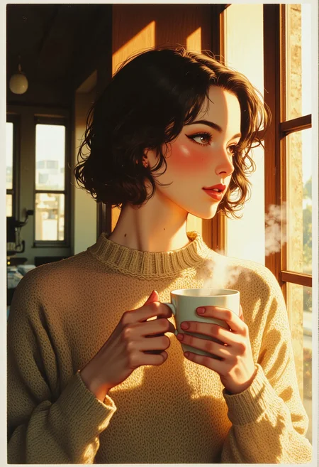 analogstyle, ArsMJStyle, Colored pencil hyperdetailed realism, A beautiful woman with short, disheveled dark hair, wearing a sheer, off-the-shoulder knit sweater, standing near a rustic wooden window as the golden morning light spills over her. She holds a steaming cup of coffee, her eyes dreamy and distant, as if lost in thought