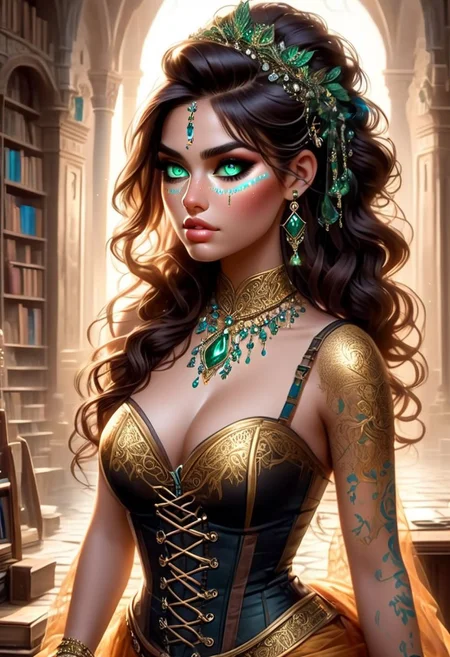 22-year-old Latina female, Her long, brown hair cascades in loose waves down her back, perfectly complementing her warm brown eyes that always seem to sparkle with curiosity and kindness. sun-kissed skin and athletic build reflect her love for the outdoors and an active lifestyle. She's in a vibrant and intricately laced cup-less formal corset dress that showcases her personality and cultural pride. Big natural cleavage. She has a serious expression on her face. Standing in the library of a castle, make the background in focus too. Camera should be up high looking down on her face and cleavage, top view. Give her a gold headband, beautiful and intricate gold necklace with an emerald in it, earrings, bracelet. Euphoria makeup style: with rhinestones around the eyes, bold colors and drama. really focus on the eyes and make them as accurate as possible.