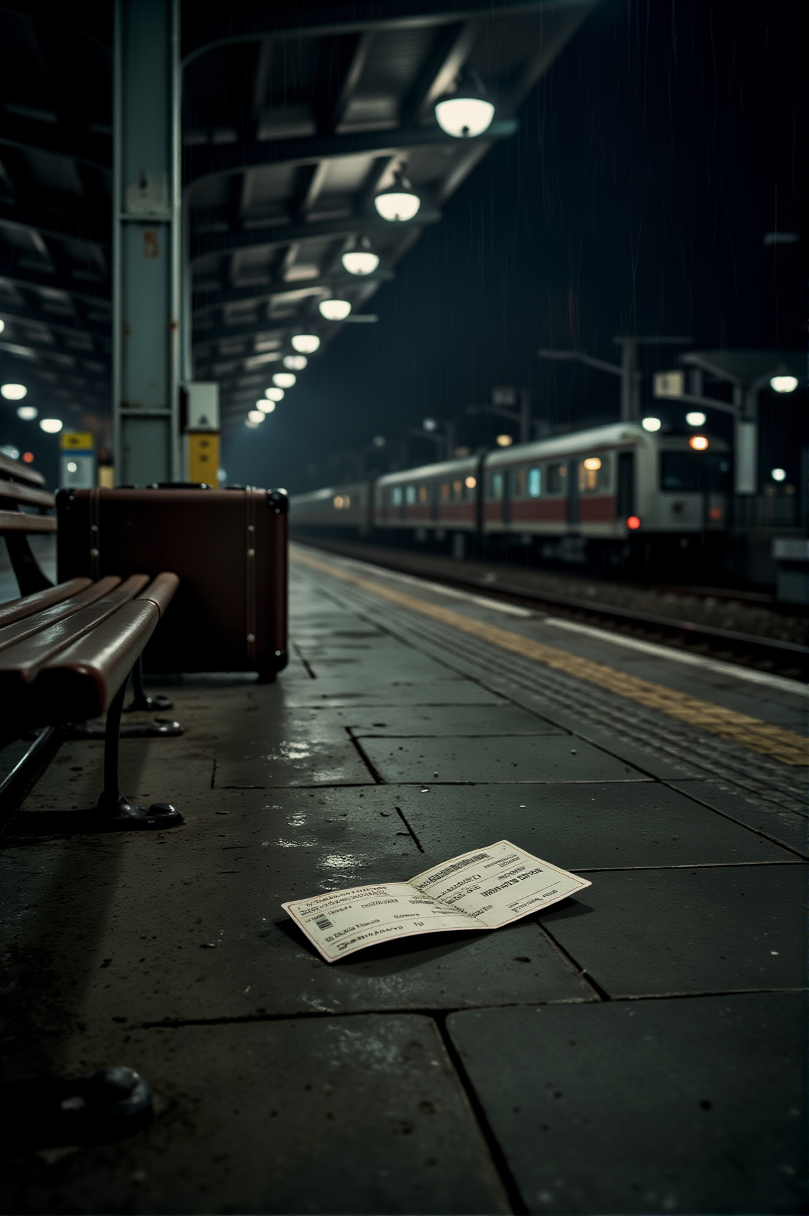 Under the dim glow of flickering station lights, a single train ticket lies crumpled on the platform, damp from the nightâs drizzle. The last train is long gone, leaving only echoes in the empty station. A suitcase, untouched, rests beside a rusted bench. The absence of a traveler lingers in the cold air, thick with the weight of unfinished journeys and silent goodbyes.
<lora:melancholic-solitude-flux:1>