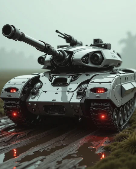 A highly detailed, high-quality image in the style of ckrcc, featuring a futuristic, highly advanced mechanical battle tank like a leopard 2 tank as seen from the side, the tank is seen in action on a vast muddy greenery battlefield. the tank has a silver and black camouflage color, blended with intricate, metallic details and mechanical components. glowing, intense red light diods on the tank and the tank's weaponry emit a menacing, otherworldly glow.