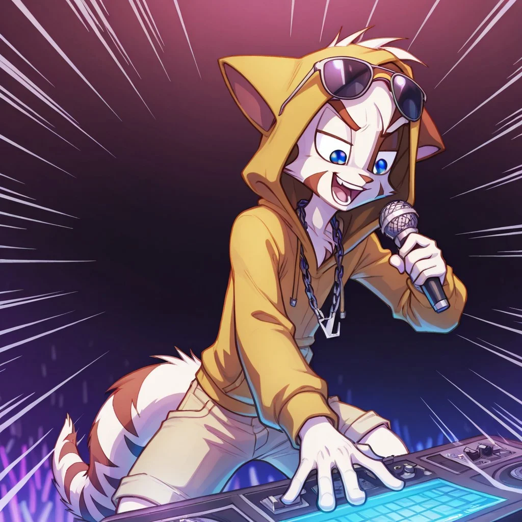 Mace, Dreamkeepers, 1boy, solo, anthropomorphic, feline-like, spiky hair, tail,solo, blue eyes, Digitigrade,
jacket, shorts,\m/, (((rapping))), rapping, rapper, rap, :d, holding microphone, bored, rap, rapping , upper body , closeup on face, half closed eyes, chain necklace, emphasis lines, v-shaped eyebrows, performing,, dj, hood on head, loose hoodie, sunglasses, golden chains,
