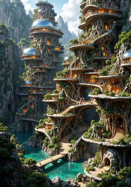 A visionary architectural marvel seamlessly integrated into geothermal rock formations, featuring spiraling bamboo-reinforced concrete towers crowned with translucent solar glass domes. The structure boasts self-cooling terracotta latticework embedded with bioluminescent algae veins, surrounded by cascading terraces of aeroponic food forests nourished by geothermal spring water. Massive helical wind scoops intertwine with suspended hydroponic gardens, while underground mycelium networks regulate temperature through living insulation. The facade shimmers with adaptive photovoltaic scales that track sunlight, complemented by fractal-patterned rainwater collection channels feeding crystal-clear aquaponic reservoirs. At night, pulsating geothermal energy ports cast an amber glow across cantilevered observation decks draped in vertical moss gardens, creating dynamic shadowplay against the organic ferrocrete curves. 8k masterpiece showcasing intricate details of recycled copper piping systems and AI-optimized window placements, rendered in hyperrealistic style with ethereal volumetric lighting that highlights the symbiotic relationship between angular geometric forms and flowing natural contours. <lora:It's a LoRA for portraits, BUT! actually specialized in backgrounds. v1.0:0.4> <lora:MushyFunk:0.2> <lora:MysticFantasy:0.7> <lora:style_of_Norman_Ackroyd_FLUX_100:0.7> <lora:flux_dev:1>
