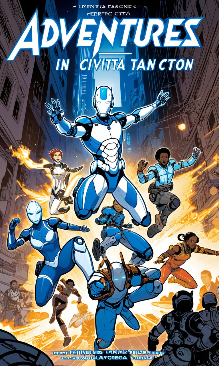 a comic book cover of a group of artists jumping into action, text " Adventures in Civitai" , blue and white, outline, best quality, masterpiece, <lora:cbcmkrsdxl:1>, cbcmkrsdxl, cyborg, cybernetic, city,