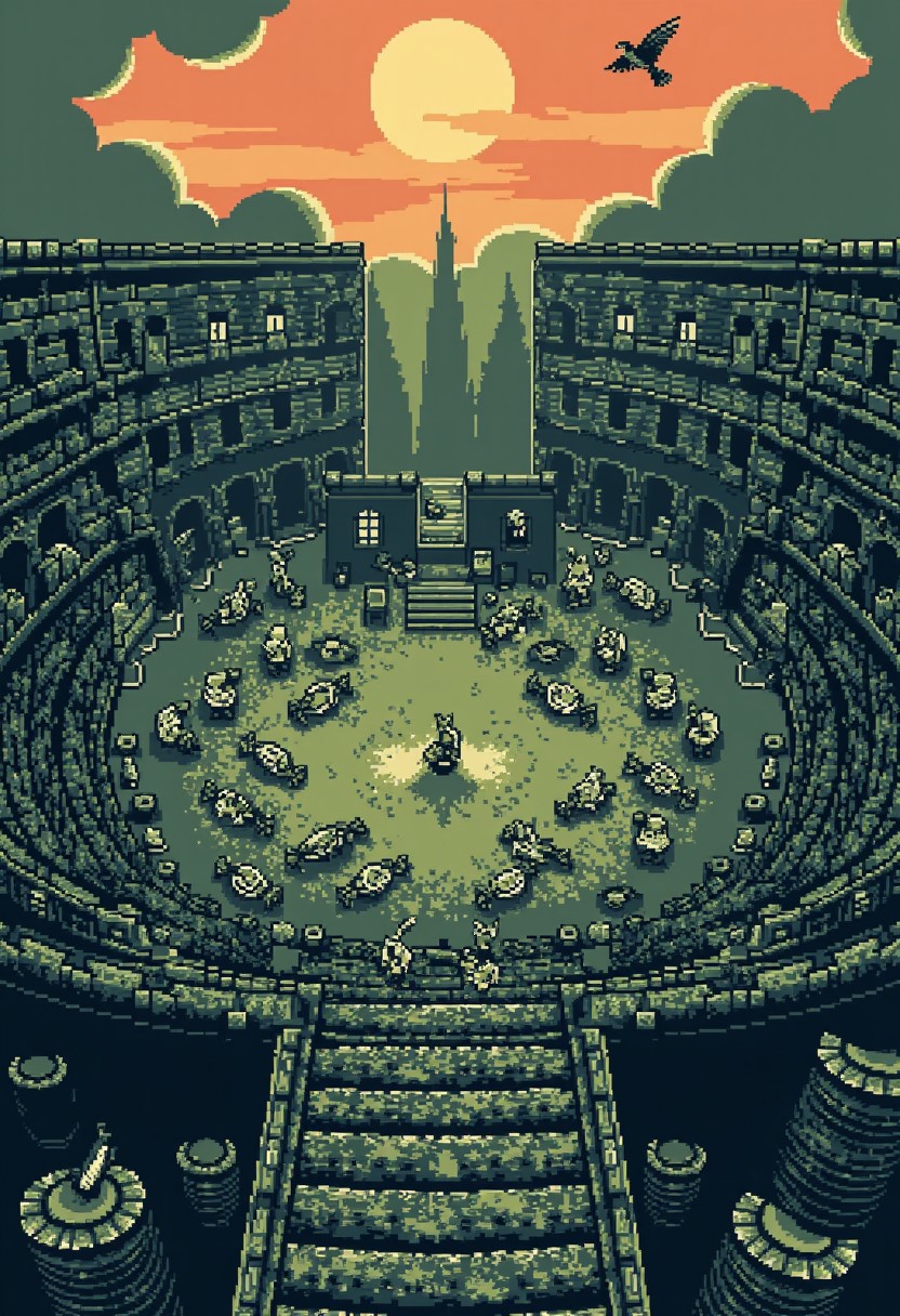 ck-8bit-gameboy, A vast, ancient colosseum, Corpses from different ages are strewn across the field, In the distance, a lone gladiator stands at a stone altar, calling the gladiators to rise. The air is thick with fog, and ravens circle overhead. ancient, broken siege engines and a fading sun that casts a orange glow