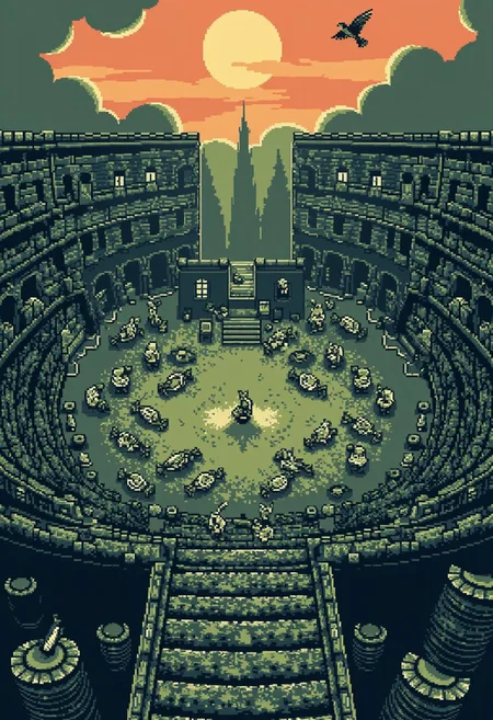 ck-8bit-gameboy, A vast, ancient colosseum, Corpses from different ages are strewn across the field, In the distance, a lone gladiator stands at a stone altar, calling the gladiators to rise. The air is thick with fog, and ravens circle overhead. ancient, broken siege engines and a fading sun that casts a orange glow