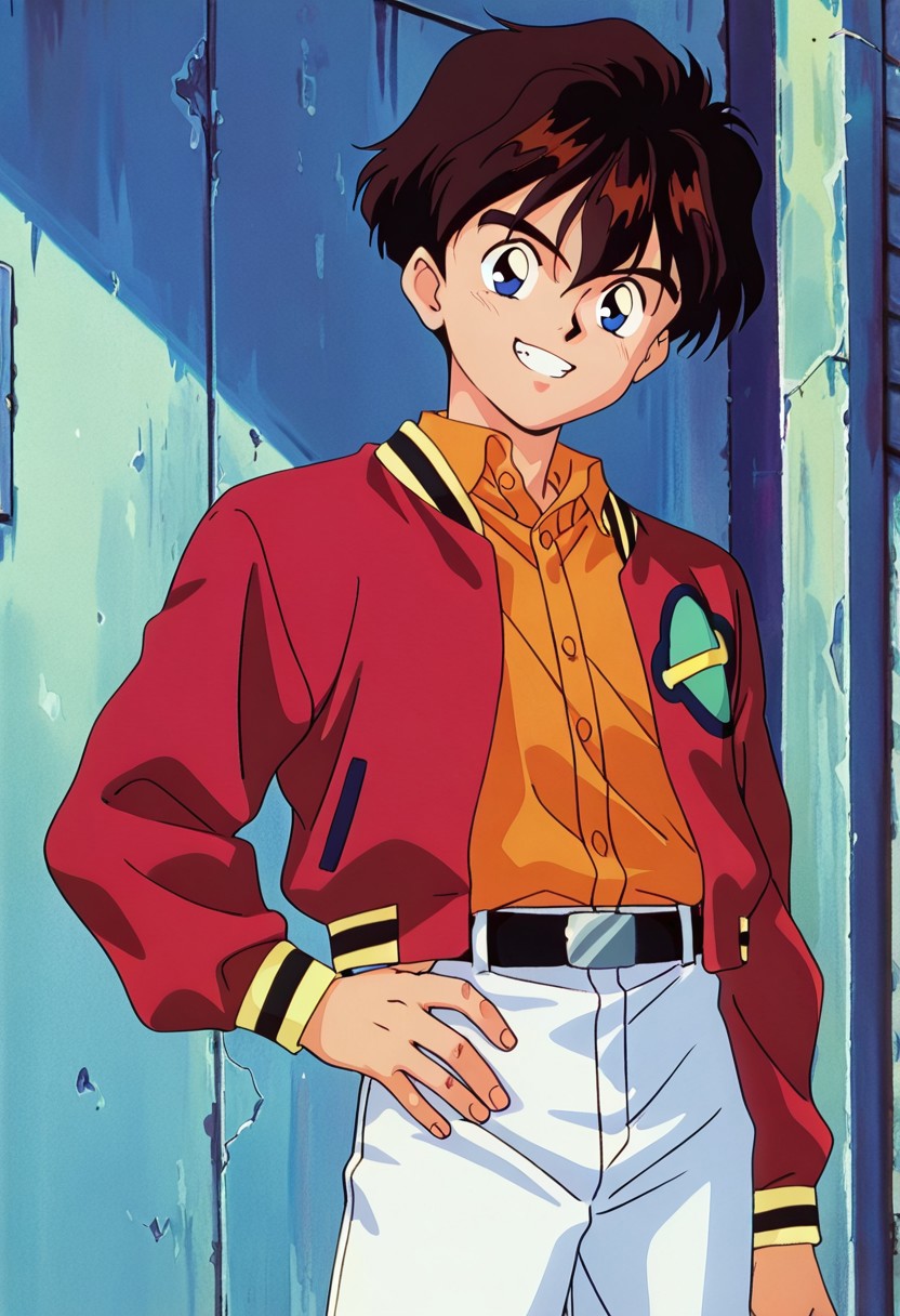 score_9, score_8_up, score_7_up, source_anime,masterpiece, best quality, 1990s_\(style\),official art,young_boy,Seiji,solo,brown_hair,orange_shirt,red_jacket,White_pants,(looking at viewer,detailed face and eyes:1.2),grin,(cowboy shot,1hand on hip),outdoor,