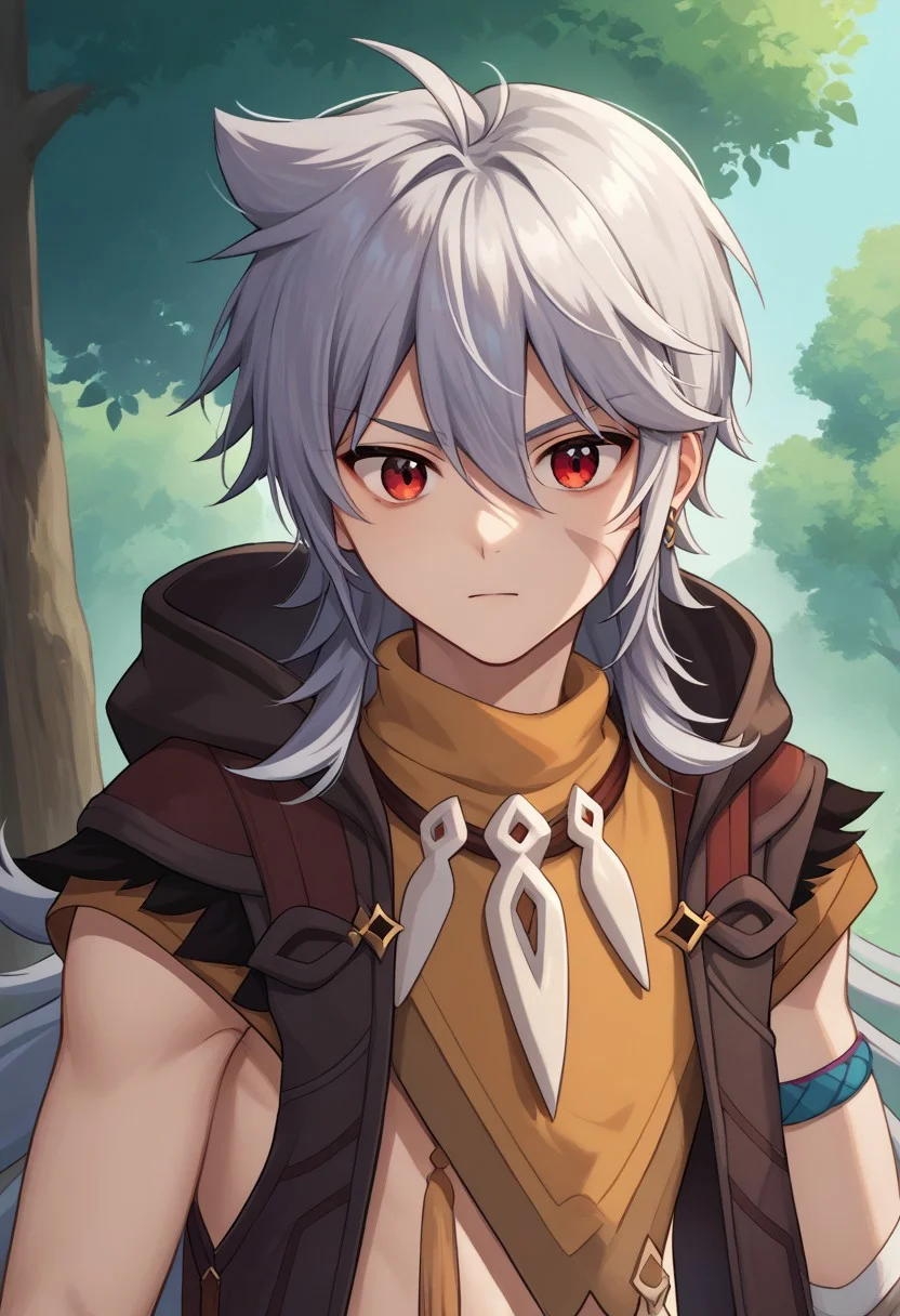score_9, score_7_up, source_anime,
boreas, 1boy, male focus, solo, red eyes, grey hair, long hair, very long hair, bangs, hair between eyes, jewelry, earrings, single earring, tooth necklace, scar, scar on face, jacket, sleeveless jacket, brown jacket, hood, hood up, tassel, orange shirt, short sleeves, upper body,
outdoor, tree, wood