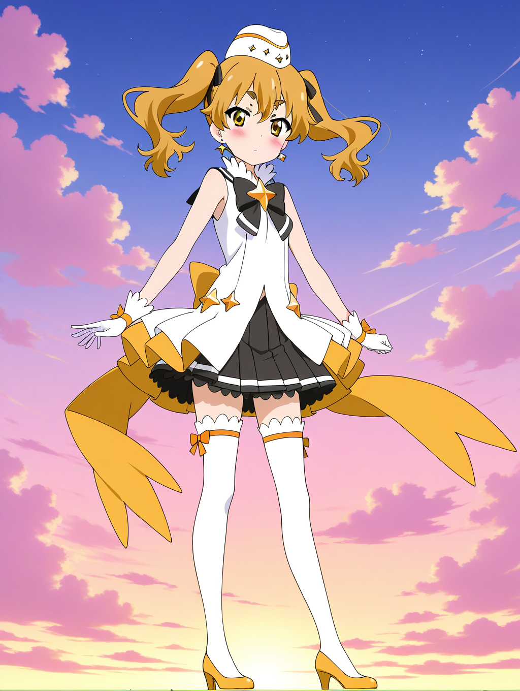 general,highres, ultra-detailed,very aesthetic,best quality ,best hands,  BREAK  <lora:Hikaru_Houkago_no_Pleiades_IS:1> Hikaru(Pleiades), 1girl,solo, twintails, blonde hair, yellow eyes,long hair, hair ribbon, black bow,
thick eyebrows, anime coloring,
gloves, thighhighs, hat, skirt, looking at viewer, white gloves, jewelry, earrings, high heels, white thighhighs, star (symbol), 
full body, bow, blush, yellow footwear, pleated skirt, standing, magical girl, sleeveless, 
sky, cloud,
