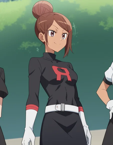 score_9, score_8_up, score_7_up, source_anime, <lora:ayaka-uehara-s1-ponyxl-lora-nochekaiser:1>, ayaka uehara, brown hair, hair ornament, brown eyes, hairclip, dark skin, hair bun, dark-skinned female, single hair bun, medium breasts,, <lora:team-rocket-uniform-ponyxl-lora-nochekaiser:1>, team rocket uniform, black hat, black shirt, black skirt, white belt, white gloves, single letter,, smile, smug, v, outdoors,, , cowboy shot, dutch angle,