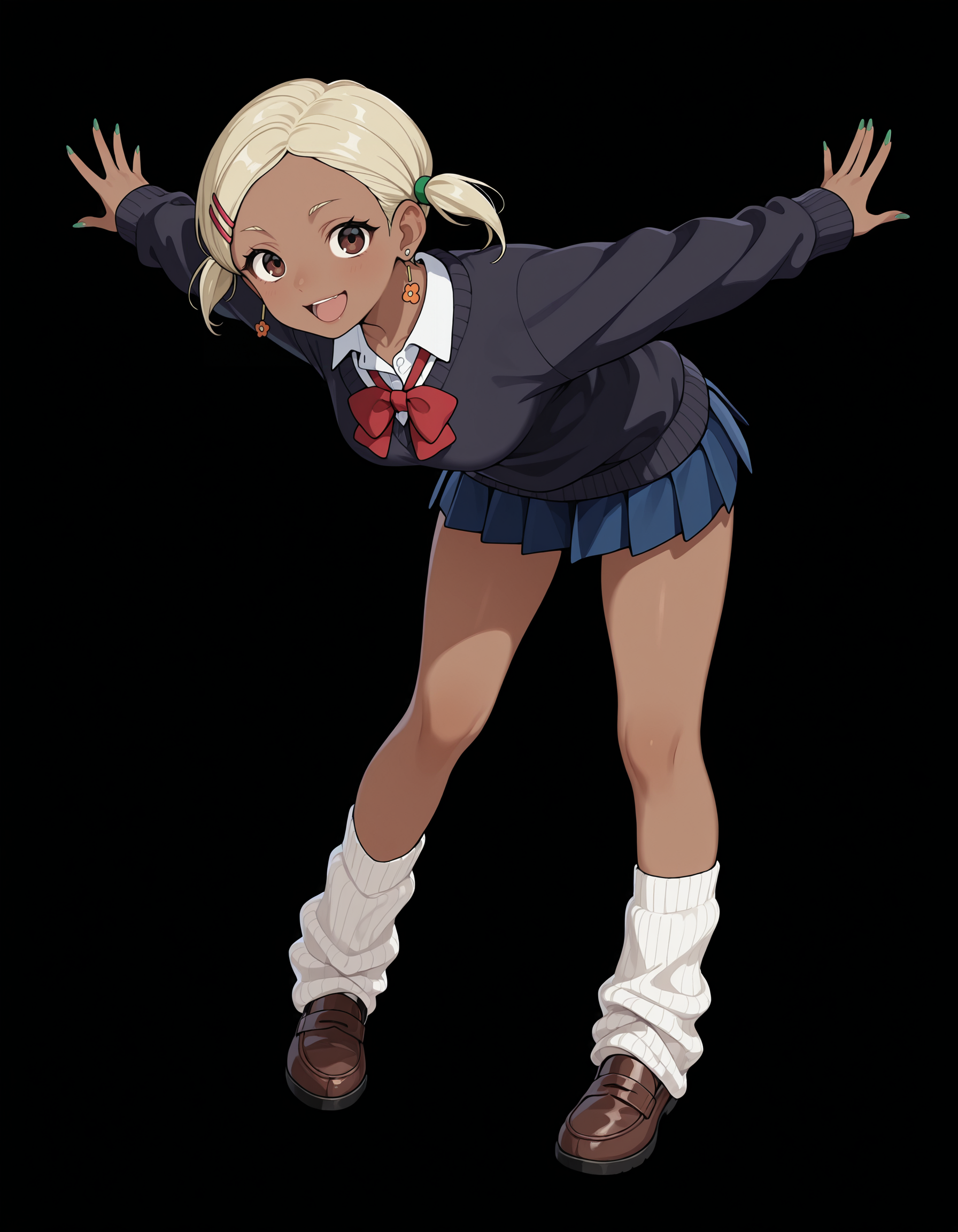 <lora:Muko Illu:1>
1girl, solo,
chrmk0, dark-skinned female, blonde hair, short hair, short twintails, brown eyes, hairclip, earrings, medium breasts, nail polish, green fingernails, 
collared shirt, red bowtie, long sleeves, blue pleated skirt, miniskirt, DARK sweater, loose socks, brown footwear, 
standing, legs apart, outstretched arms, open smile, looking at viewer, leaning forward, 
full body,, masterpiece, best quality, amazing quality,, (simple background, black background:1.5),