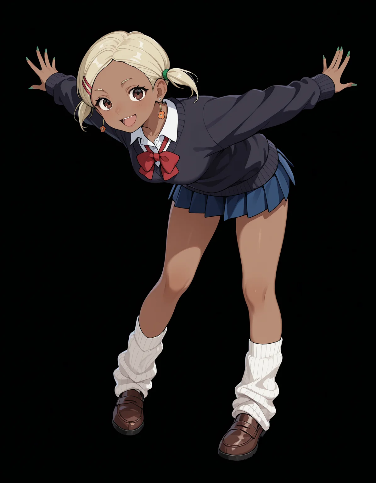 <lora:Muko Illu:1>
1girl, solo,
chrmk0, dark-skinned female, blonde hair, short hair, short twintails, brown eyes, hairclip, earrings, medium breasts, nail polish, green fingernails, 
collared shirt, red bowtie, long sleeves, blue pleated skirt, miniskirt, DARK sweater, loose socks, brown footwear, 
standing, legs apart, outstretched arms, open smile, looking at viewer, leaning forward, 
full body,, masterpiece, best quality, amazing quality,, (simple background, black background:1.5),