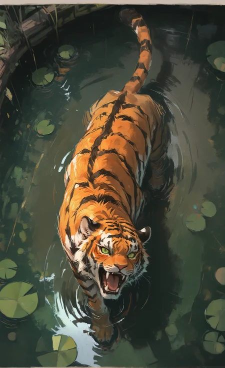 masterpiece, best quality, amazing quality, highres, masterpiece,
tiger, green eyes, tongue, colored sclera, yellow sclera, whiskers, fangs, looking at viewer, open mouth, water, ripples, lily pad, pond, no humans, animal focus,
from above, High Angle,Wide Shot, negative space, <lora:illustriousXL_stabilizer_v1.23:0.3> <lora:NOOB_vp1_detailer_by_volnovik_v1:0.3> <lora:ponyv6_noobE11_2_adamW-000017:0.7> <lora:negative-space:0.7> <lora:shiej007:0.6> <lora:96YOTTEA-WAI:0.8>