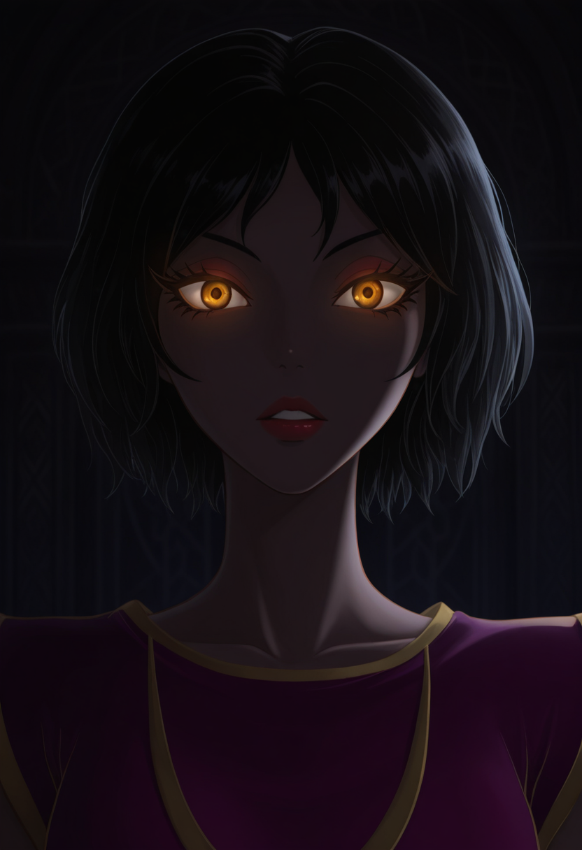 Graphic Design, color art, vibrant colors, colorful, intricate details, high contrast, detailed background, beautiful detailed, beautiful face, detailed eyes, detailed face, new, 1girl, solo, sh4mts4r, brown eyes, black hair, short hair, makeup, dress, looking at viewer, dark, glowing eyes, stare, parted lips, portrait, purple dress, (masterpiece, best quality, newest, recent, absurdres),