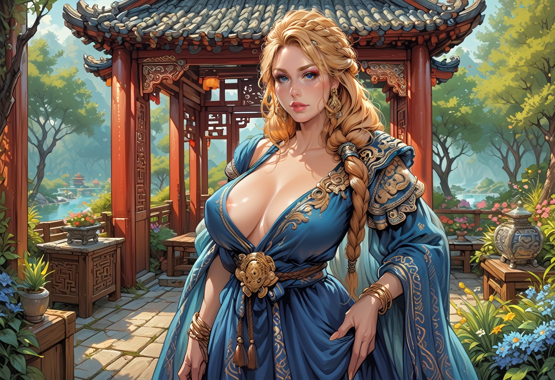 score_9, score_8_up, score_7_up, score_6_up, solo, blue dress, areola slip, Mature Woman, Sif (God of war), Very Long Hair, Golden blonde Hair, one big Braid, blue eyes, makeup, golden hoop earrings, sagging breasts, erect nipples under clothes, OverallDetailXL, in a garden, tradchn, shrine, outdoors, scenery, detailed background, <lora:kok:0.65> <lora:ReiqLycoXL:0.8> <lora:tradchn:1>
