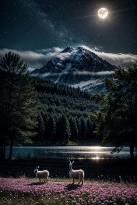 masterpiece, best quality, intricate detailed, depth of field, ultra-detailed, ultra realistic, real life photo realistic, surreal, lifelike, RAW photo, 8k, landscape, a lot of kinds of flowers, flowers field, glitter, moonlight, lakes, meadows, Crystal fantastic, no human, out-of-this-world scenery, calm sensation, a couple of white-rabbits running around, a couple of little lambs on very distant parts, lifelike naturalism, greatest naturalism photo,