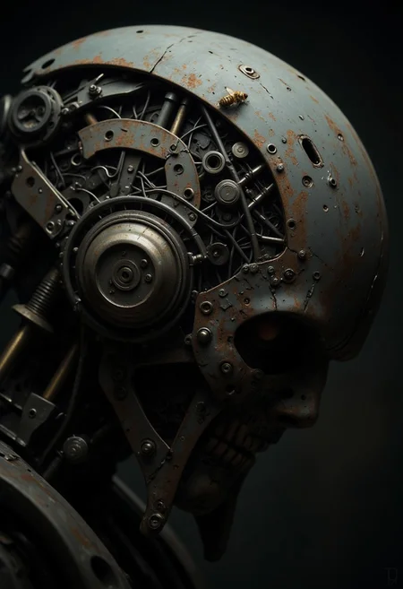 Close-up of an ancient, dust-covered robot cyborg head, its metal components worn and eroded with time. its circuitry, with some perched on its rusted parts intricate details. The scene is dystopian, captured in faded, gray tones that convey a sense of abandonment and decay. Soft, atmospheric lighting casts moody shadows, focusing closely on a single bee exploring the cyborg’s weathered surface, highlighting the contrast between nature and machine in a hauntingly beautiful display.