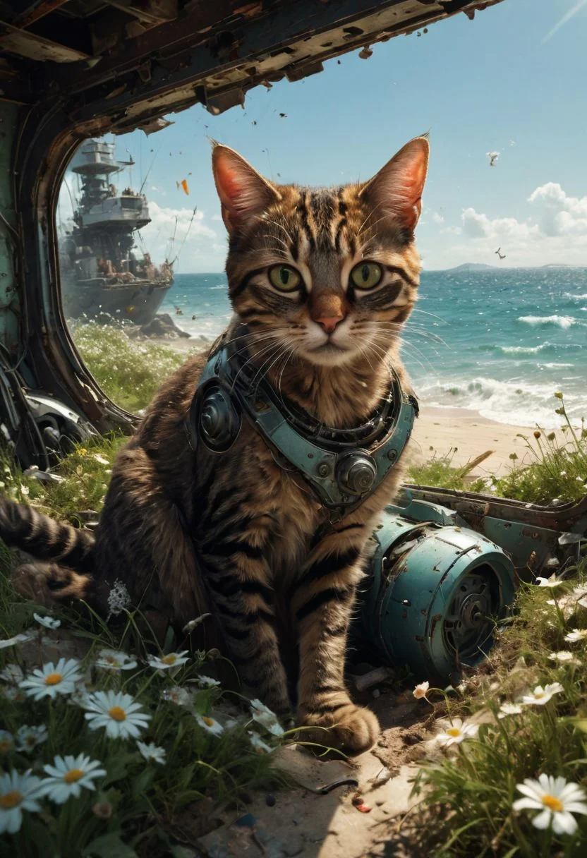 Photo of TWbabeXL01, NSFW, photorealistic, by Greg Tocchini, a beautiful female pilot with torn uniform sitting beside a destroyed badly damaged huge robot in a beautiful beach. The destroyed robot is huge to carry passengers like a space ship. The female pilot's breast is exposed, Cats running around:1.5, (Broken windows, broken body, spare parts scattered nearby.) Grass and flowers grow around it. Sunny summer day. ocean. Calm and beautiful. Detailed art, many details, cute, adorable, fairytale, storybook detailed illustration, cinematic, ultra highly detailed, beautiful details, vibrant colors, complex background, fine art, best quality, hyper detailed, professional poster art, bold lines, award winning, trending on ArtStation , (intricate details, masterpiece, best quality:1.4), looking at viewer, dynamic pos, in the style of nicola samori