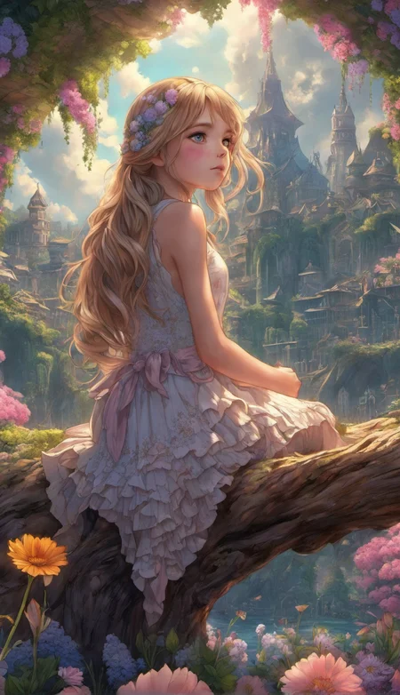 extremely detailed wallpaper, perfect anime illustration, , a girl sits on a stump, shoulders, long curvy hair, pinafore dress, by Marc Adamus, (flowers crowded, flowers everywhere:1.1), magical atmosphere, trending on artstation, intricate details, (8k hdr:1.2), atmospheric perspective
