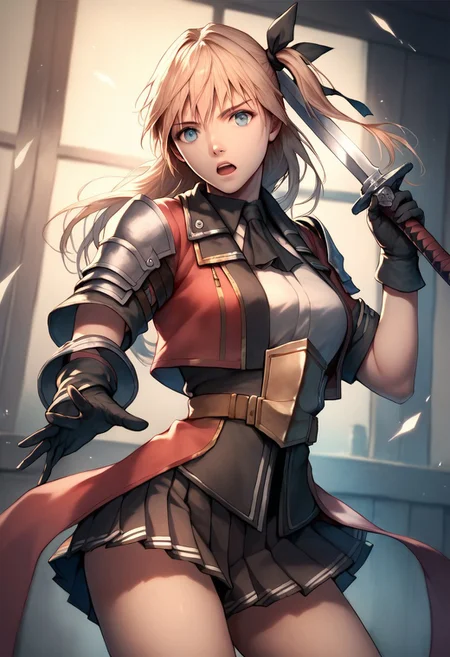 score_9,score_8_up,score_7_up,realistic, KNIGHTESS_(MOGO-721),1girl,solo,long hair,looking at viewer,open mouth,skirt,gloves,ribbon,holding,hair ribbon,pleated skirt,black gloves,armor,black ribbon,holding sword,