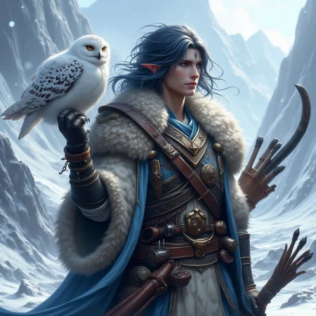 FFAOR, 1man, Snow elf hunter, his snow owl is perched on his glove, bow and quiver on his back, ice blue eyes, black hair, ornate armor, black and gold metal, intricate details, harsh rugged mountain glacier background, concept art