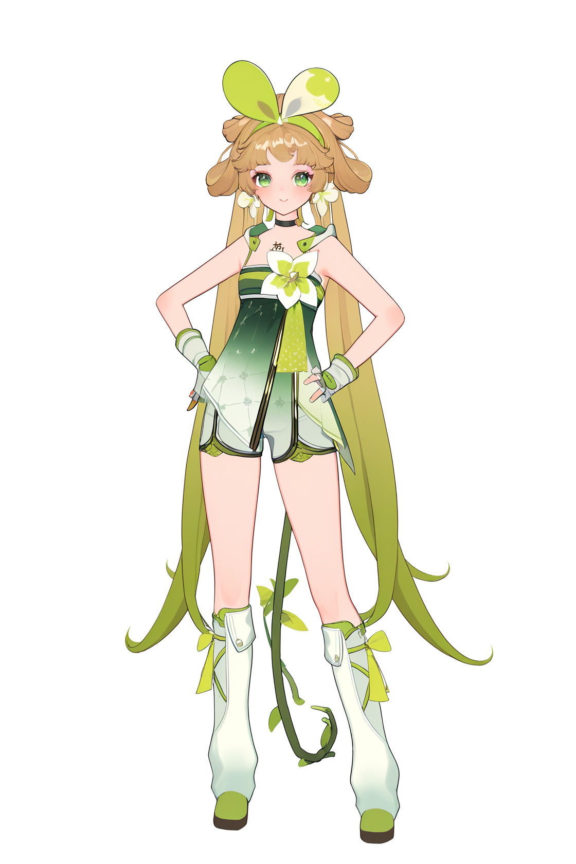 8k, best quality, masterpiece, (ultra-detailed), (high detailed skin), (by nanoless, by misumi \(macaroni\):0.25), 
full body, full shot, standing, looking at viewer, (solo:1.2), simple background, white background, hand on own hip, 
<lora:vlinai-a3-Tanger:0.8>, vlinai, default clothes, Green vine tail, 1girl, long hair, green eyes, gloves, fingerless gloves, very long hair, multicolored hair, choker, Black chest tattoo, shorts, 
A full-body portrait of a young girl, standing gracefully, pastel art style, high-key lighting, shoujo manga influence, hd quality, delicate details,