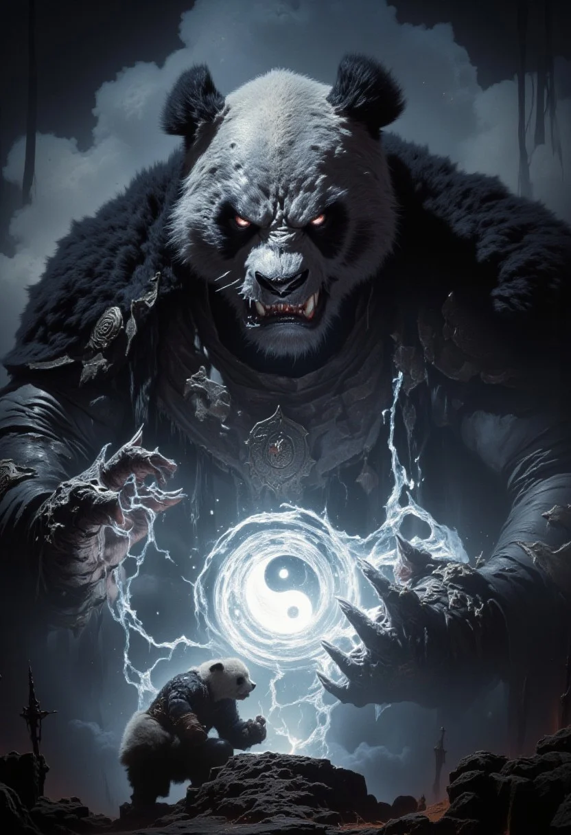 very dark focused flash photo, amazing quality, masterpiece, best quality, hyper detailed, ultra detailed, UHD, perfect anatomy, portrait, dof, hyper-realism, majestic, awesome, inspiring. Capture the fierce panda master ,swirling magical energies , glowing yin yang symbols between pandas hands, battle,ancient artifacts and ethereal light. Cinematic composition, soft shadows, National Geographic style. <lora:dark_fantasy_flux:0.83> <lora:FredFraiStyle-FLUX-Share:0.63> <lora:sxz-Dark-Fantasy-v2-Flux:0.33> drkfnts style,
